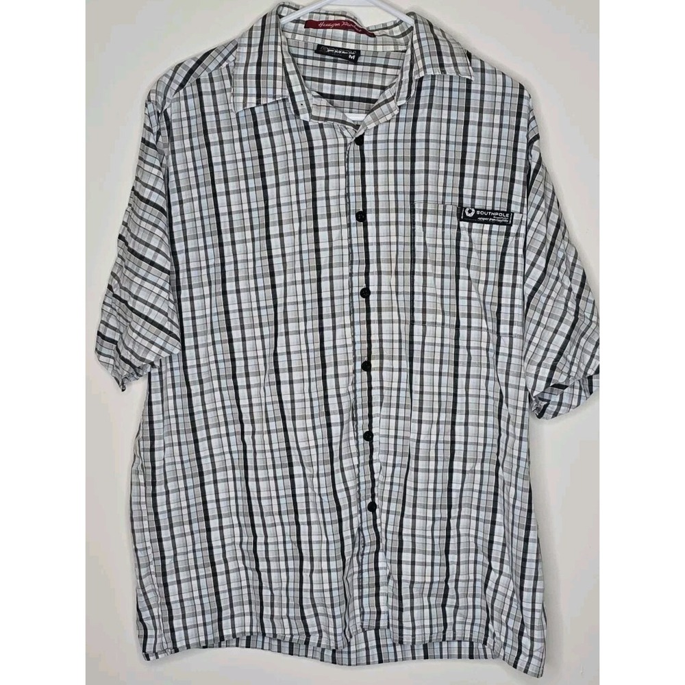 Southpole Plaid Button Up‎ Shirt White Black Short Sleeve Chest Pocket Men's M